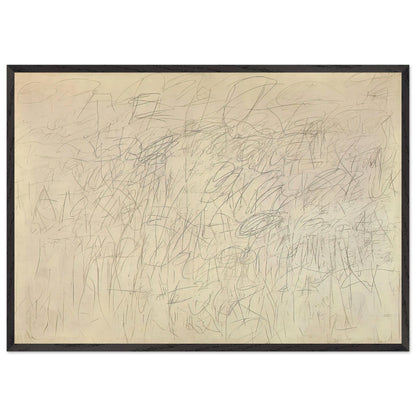 Academy by Cy Twombly framed art print; featuring an intricate network of delicate gray and black scribbles, overlapping lines, spontaneous gestures; size 800 × 1200 mm (32 × 48 in); white frame.