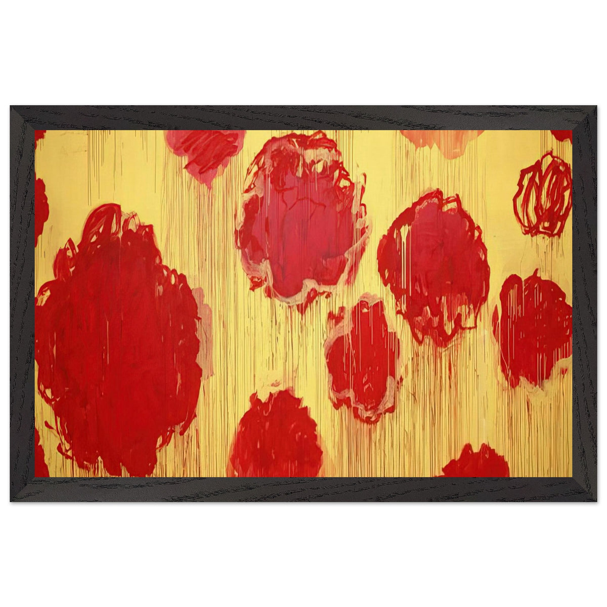 Untitled (Peonias Series) by Cy Twombly framed art print; featuring bold crimson-red and scarlet flower forms against a luminous golden-yellow background; size A1 (59.4 × 84.1 cm); wood frame.