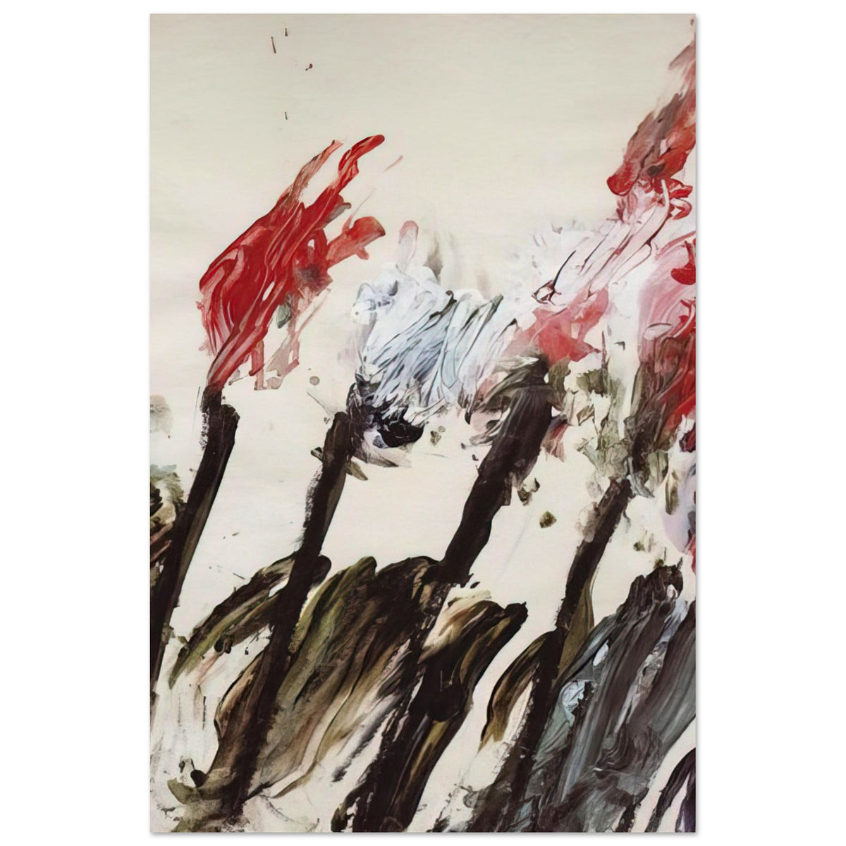 Nicola's Irises by Cy Twombly, poster, 20x25 cm / 8x10″; sweeping red and crimson brushstrokes, delicate pink accents, cool blue details, and dark gestural lines against a pale background