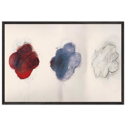 Fifty Days at Iliam: Shades of Achilles, Patroclus, and Hector by Cy Twombly framed art print; featuring three large, cloud-like forms arranged horizontally against a luminous ivory background; size 50 × 70 cm (20 × 28 in); wood frame.