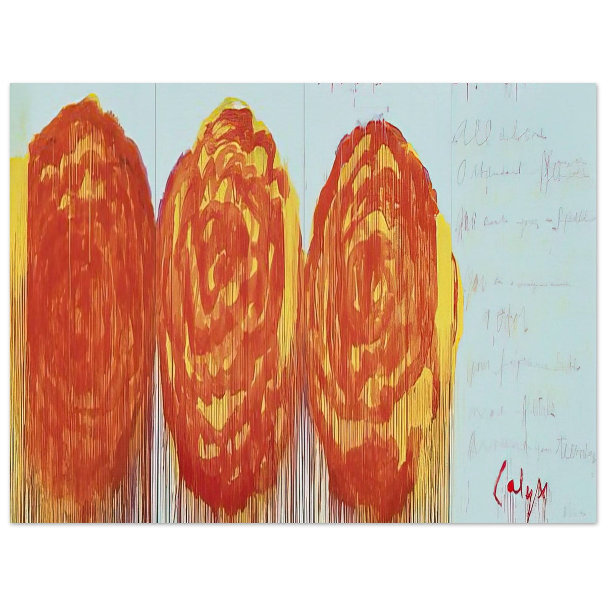 The Rose (II) by Cy Twombly poster, 100 × 150 cm / 40 × 60 in: This expressive composition features three large, rose-inspired forms rendered in vivid shades of red….