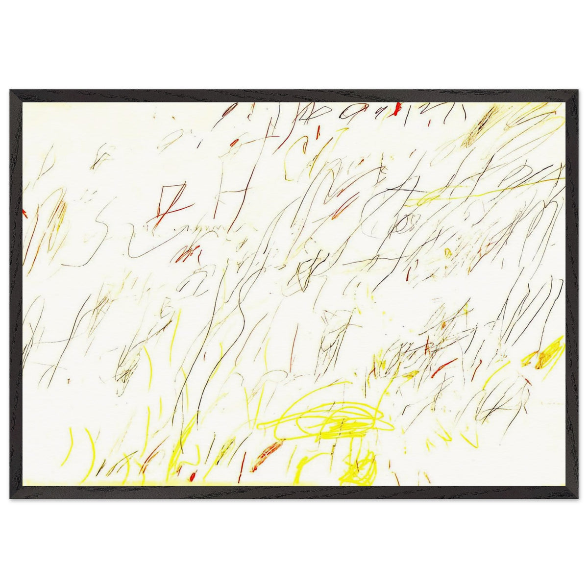 Blue Room by Cy Twombly framed art print; featuring delicate, spontaneous scribbles and gestural lines in shades of black, red, orange; size 70 × 100 cm (28 × 40 in); wood frame.