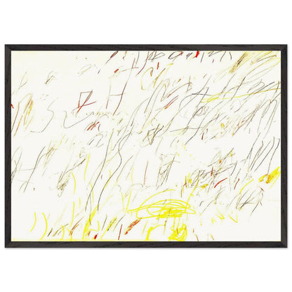 Blue Room by Cy Twombly framed art print; featuring delicate, spontaneous scribbles and gestural lines in shades of black, red, orange; size 70 × 100 cm (28 × 40 in); wood frame.