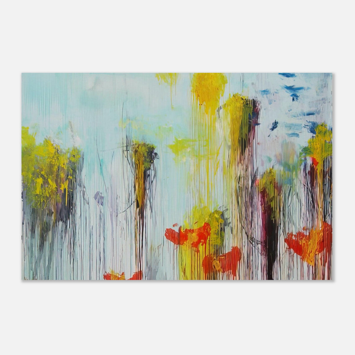 Lepanto, Part VII by Cy Twombly poster: This expressive composition features a luminous pale blue background layered with vivid yellow….