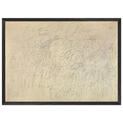 Academy by Cy Twombly framed art print; featuring an intricate network of delicate gray and black scribbles, overlapping lines, spontaneous gestures; size 50 × 70 cm (20 × 28 in); wood frame.