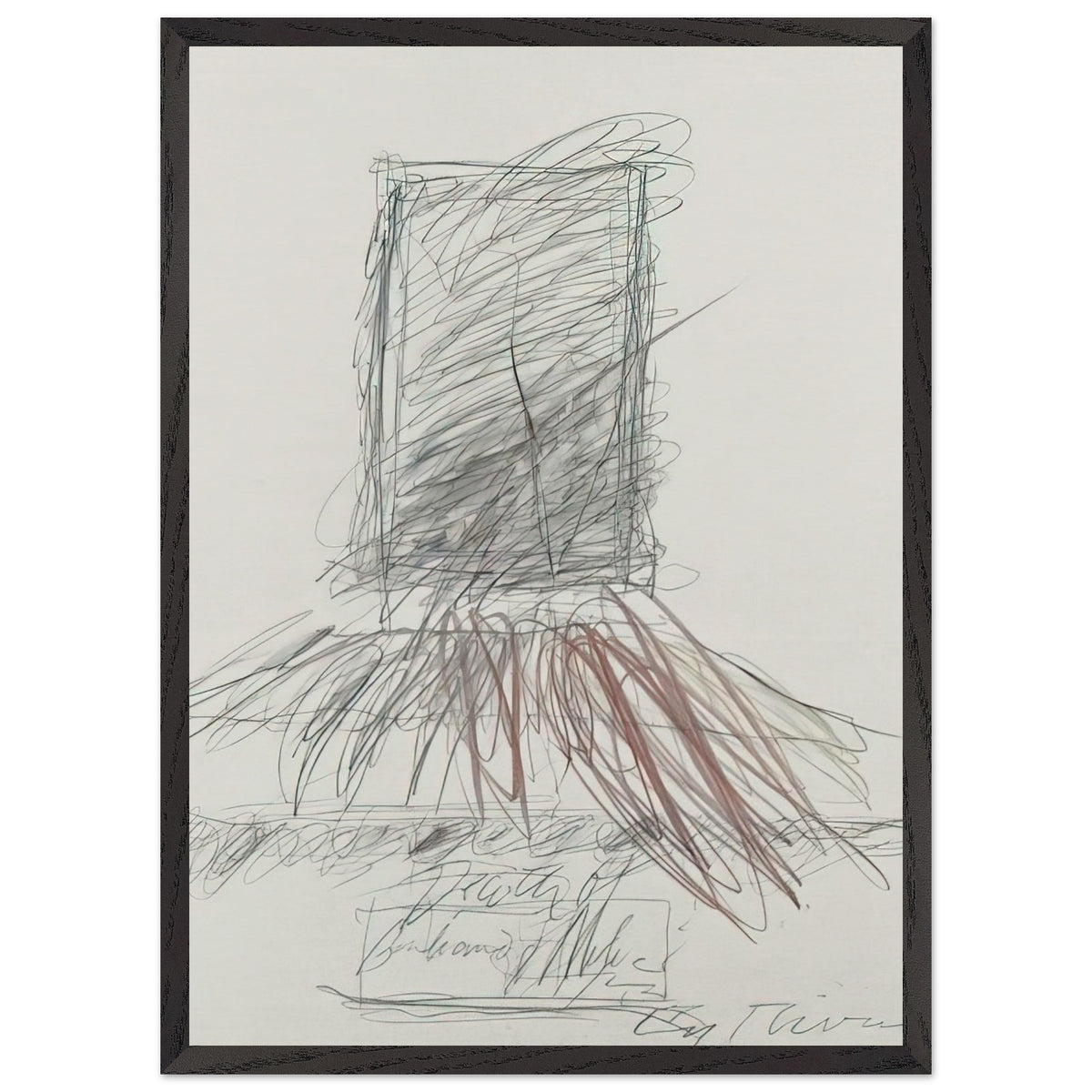 Anabasis (Xenophon) by Cy Twombly, framed art print, 70x100 cm / 28x40″, Wood frame; energetic black strokes, delicate looping lines, warm orange accents