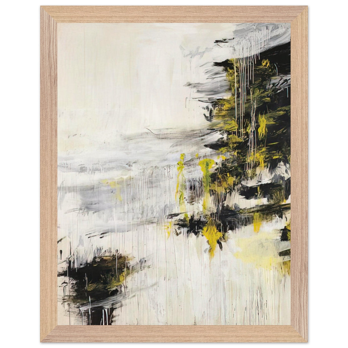 Quattro Stagioni II. Inverno by Cy Twombly, framed art print, bold black brushstrokes, flowing white and gray paint, 40x50 cm (16x20 in), white frame