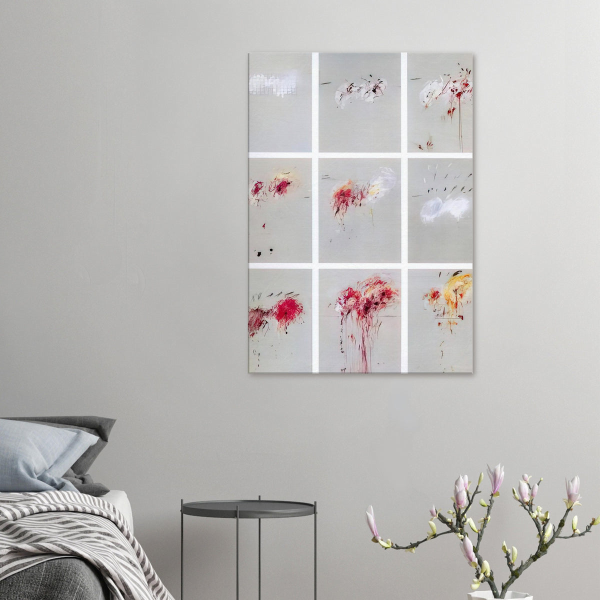 Nine Discourses on Commodus by Cy Twombly, canvas print, muted gray background with expressive red and crimson gestures