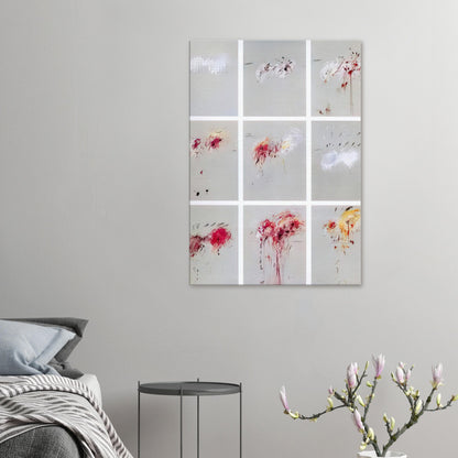 Nine Discourses on Commodus by Cy Twombly, canvas print, muted gray background with expressive red and crimson gestures