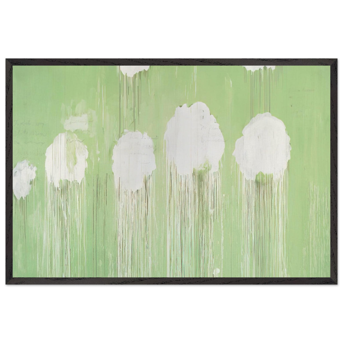 Untitled (Peony Blossom Painting) by Cy Twombly framed art print; featuring delicate white peony blossoms against a soft, luminous green background; size 50 × 70 cm (20 × 28 in); black frame.