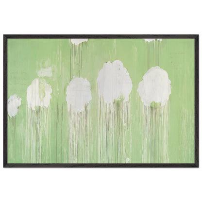 Untitled (Peony Blossom Painting) by Cy Twombly framed art print; featuring delicate white peony blossoms against a soft, luminous green background; size 50 × 70 cm (20 × 28 in); black frame.