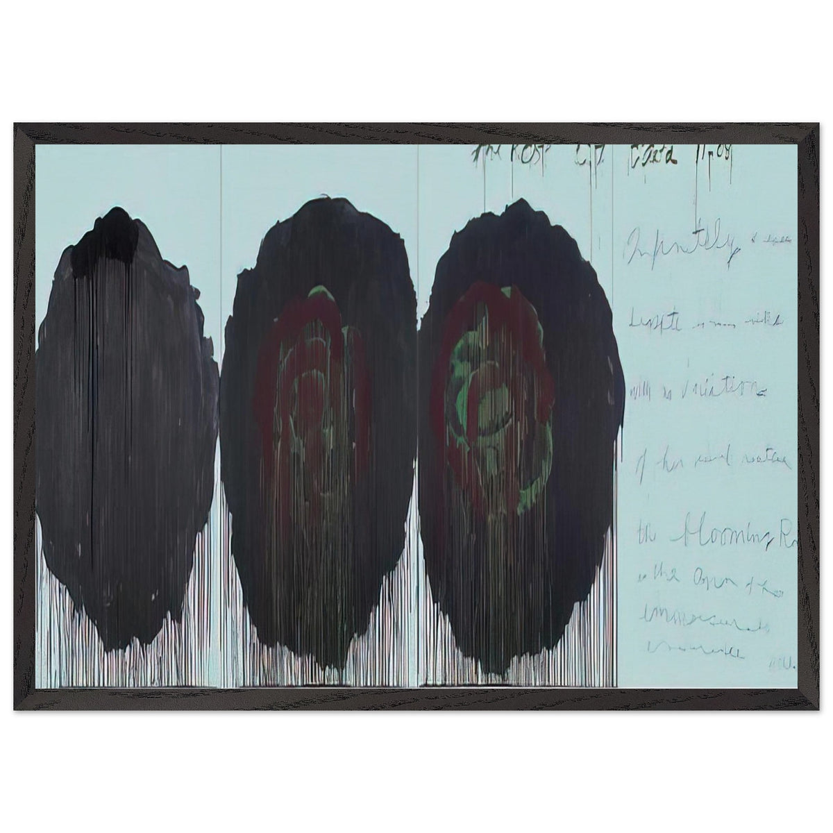 The Rose (V) by Cy Twombly framed art print; featuring three monumental rose forms in deep black, charcoal, burgundy, and dark crimson; size 30 × 45 cm (12 × 18 in); black frame.