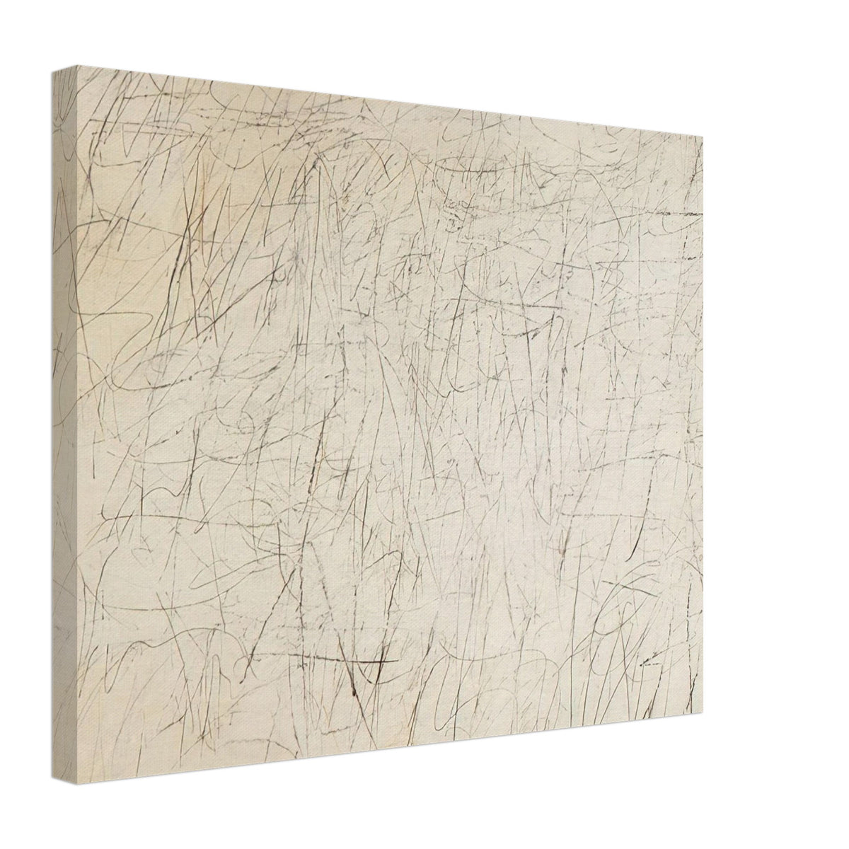 The Geeks by Cy Twombly canvas print, 70 × 100 cm / 28 × 40 in: a warm ivory background filled with delicate pencil-like lines, overlapping scribbles, angular gestures….