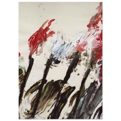 Nicola's Irises by Cy Twombly, poster, 100x150 cm / 40x60″; sweeping red and crimson brushstrokes, delicate pink accents, cool blue details, and dark gestural lines against a pale background
