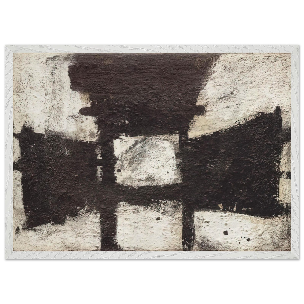 Zyig by Cy Twombly framed art print; featuring bold black and dark brown geometric forms against a textured ivory background; size 70 × 100 cm (28 × 40 in); wood frame.