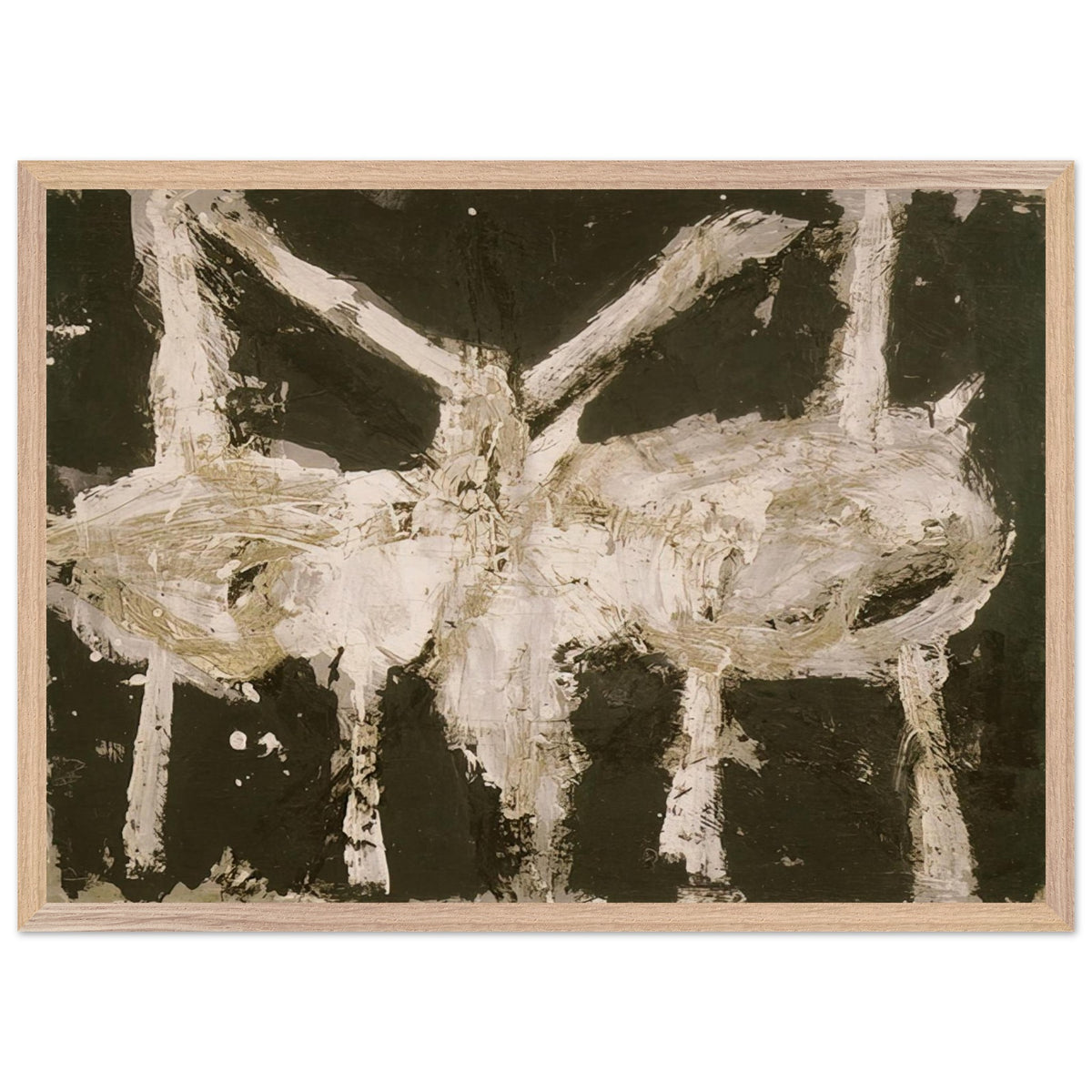 Min-Oe by Cy Twombly framed art print; featuring bold black and deep olive tones contrasted with expressive ivory and cream forms; size 50 × 70 cm (20 × 28 in); wood frame.