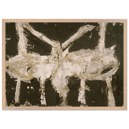 Min-Oe by Cy Twombly framed art print; featuring bold black and deep olive tones contrasted with expressive ivory and cream forms; size 50 × 70 cm (20 × 28 in); wood frame.