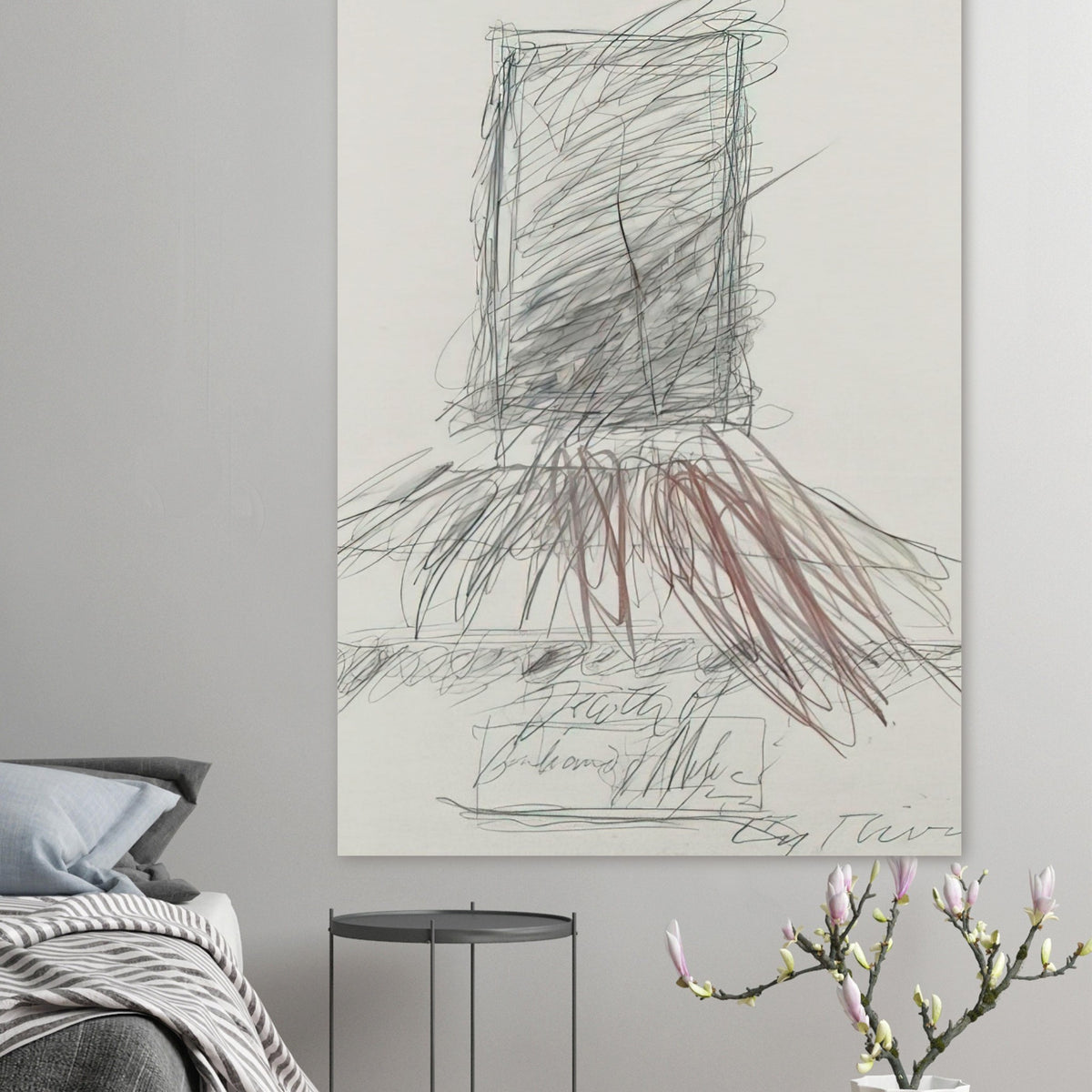 Untitled Abstract Drawing by Cy Twombly, poster; overlapping graphite lines, spontaneous scribbles, and sweeping gestures in subtle shades of gray, black, and muted reddish brown