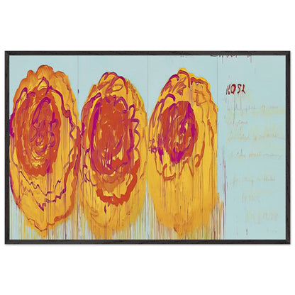 The Rose (I) by Cy Twombly framed art print; featuring three large, abstract rose forms painted in radiant golden yellow, fiery orange, deep red; size 800 × 1200 mm (32 × 48 in); black frame.