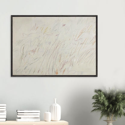 Sunset by Cy Twombly framed art print; featuring a soft ivory background covered with delicate pencil marks, flowing curves, spontaneous scribbles.