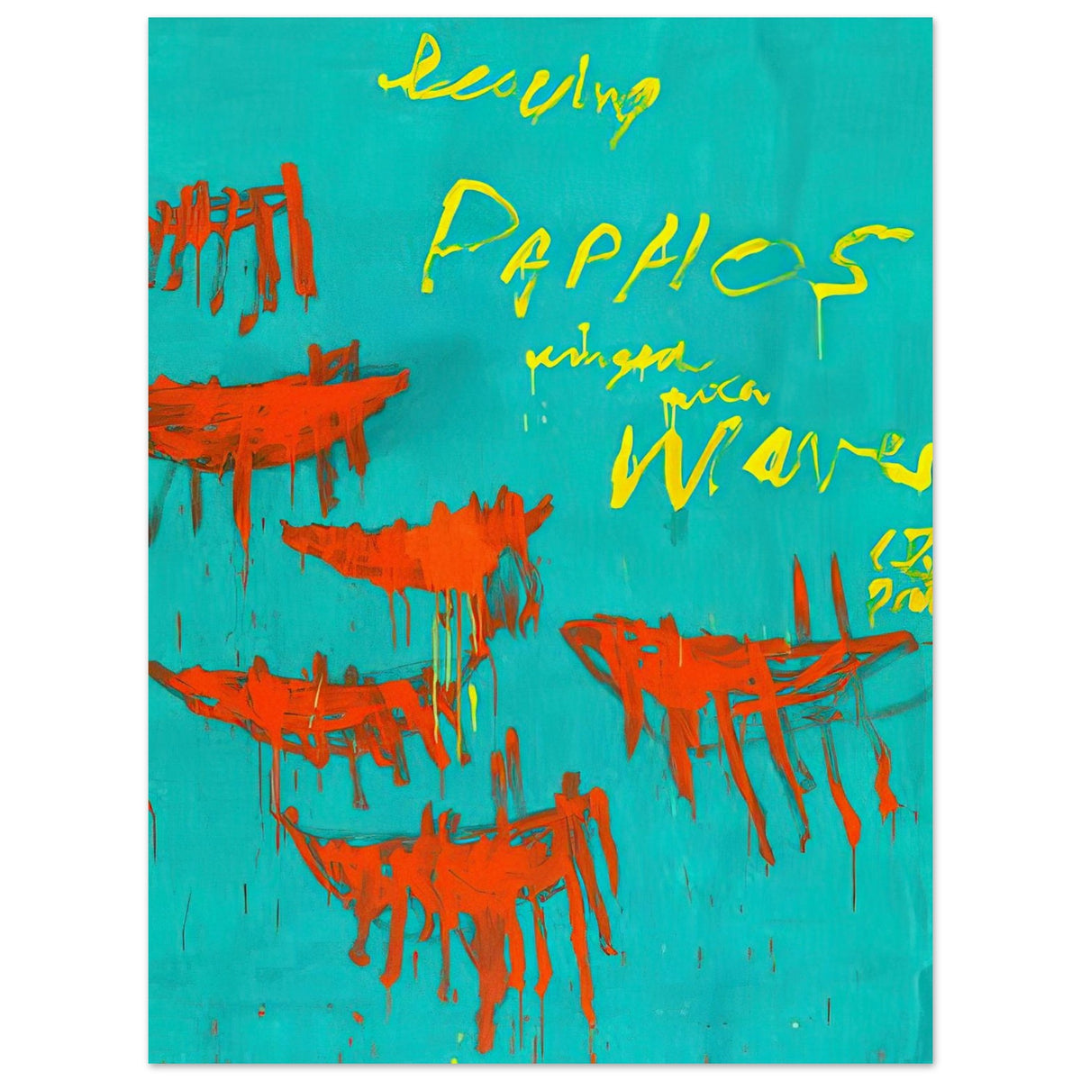 Leaving Paphos Ringed with Waves (III) by Cy Twombly, poster, 75x100 cm / 30x40″; a turquoise background with bold orange-red boat-like forms and spontaneous yellow handwritten lettering