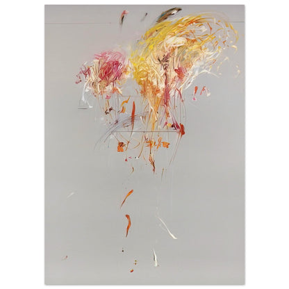 Nine Discourses on Commodus, Part IX by Cy Twombly, poster, muted gray background, energetic strokes of yellow and gold, 27x35 cm (11x14 in)