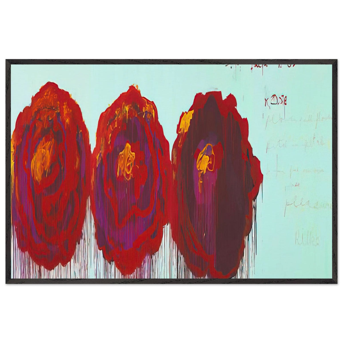 The Rose (IV) by Cy Twombly framed art print; featuring three oversized rose forms in deep crimson, fiery red, rich burgundy, and vivid violet; size 28 × 43 cm (11 × 17 in); black frame.