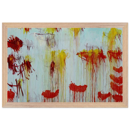 Lepanto, Part XI by Cy Twombly framed art print; featuring a luminous turquoise and pale blue background with vibrant golden-yellow brushstrokes; size 28 × 43 cm (11 × 17 in); wood frame.