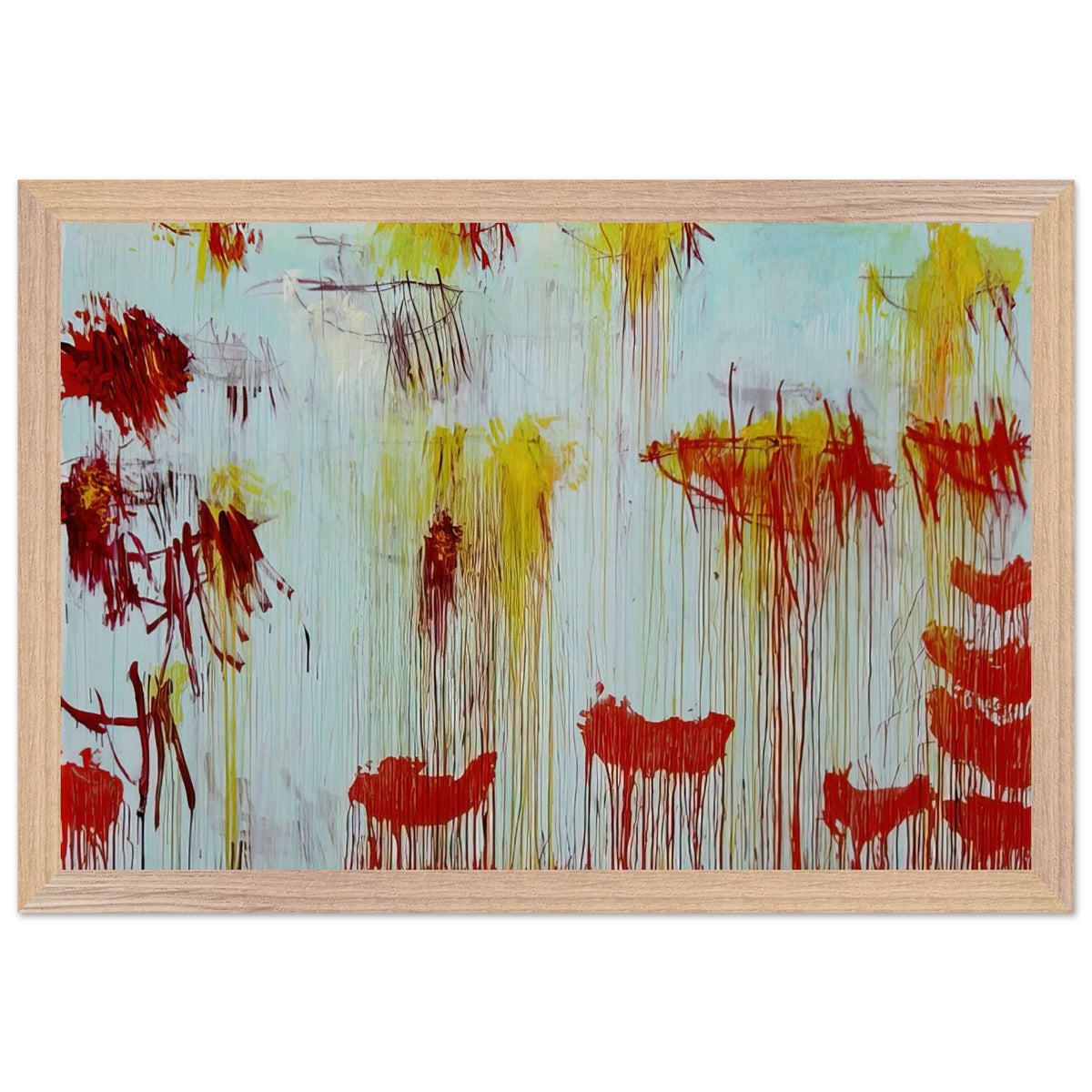 Lepanto, Part XI by Cy Twombly framed art print; featuring a luminous turquoise and pale blue background with vibrant golden-yellow brushstrokes; size A1 (59.4 × 84.1 cm); white frame.