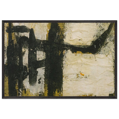 Landscape by Cy Twombly framed art print; featuring bold black and charcoal forms, textured ivory and cream surfaces, and subtle accents of ochre, olive green; size 70 × 100 cm (28 × 40 in); wood frame.