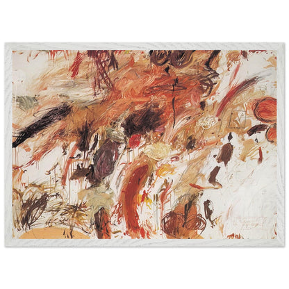 Ferragosto V by Cy Twombly framed art print; featuring energetic brushstrokes, layered pigments, and spontaneous gestures in shades of rust red, burnt orange; size 60 × 90 cm (24 × 36 in); black frame.