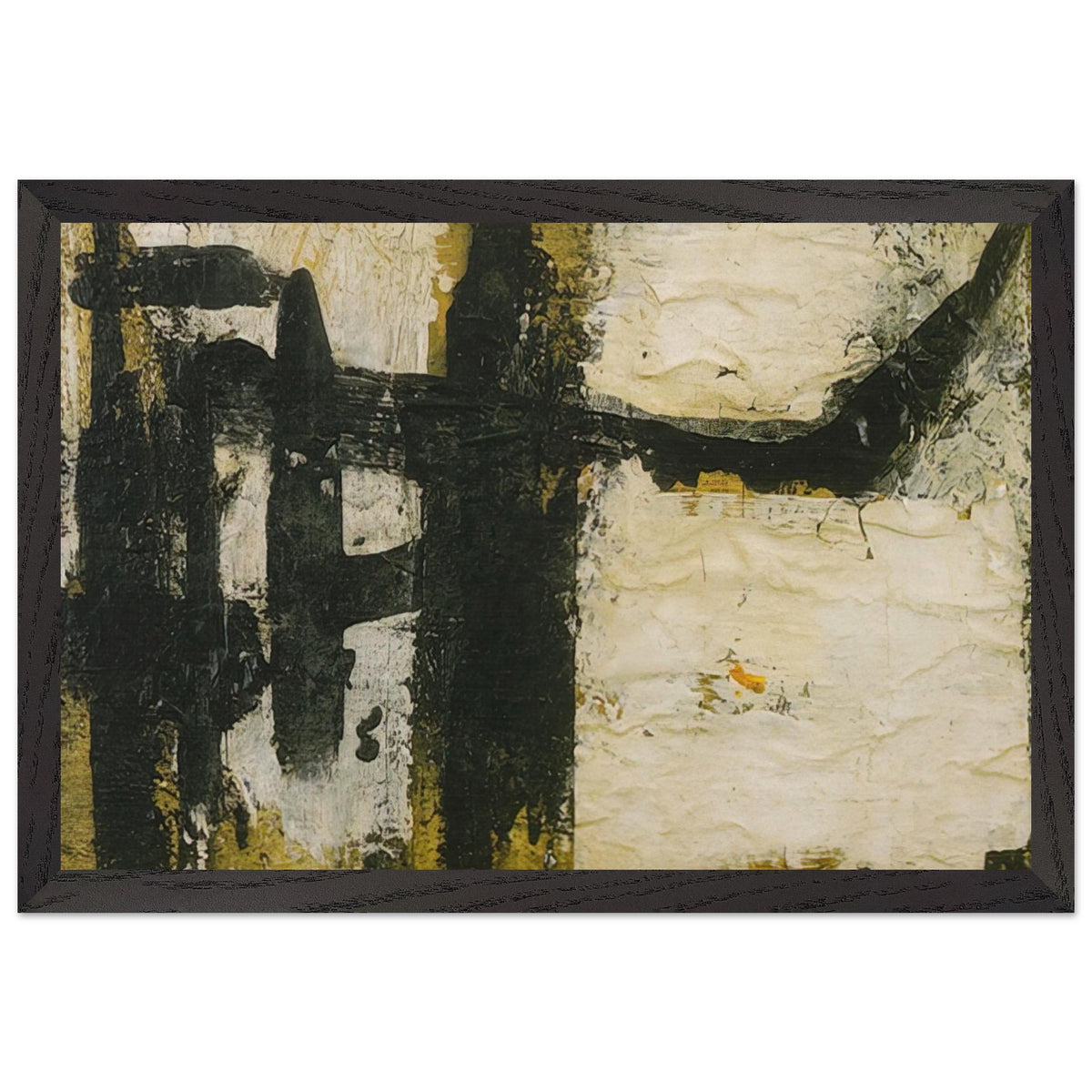 Landscape by Cy Twombly framed art print; featuring bold black and charcoal forms, textured ivory and cream surfaces, and subtle accents of ochre, olive green; size 30 × 45 cm (12 × 18 in); white frame.
