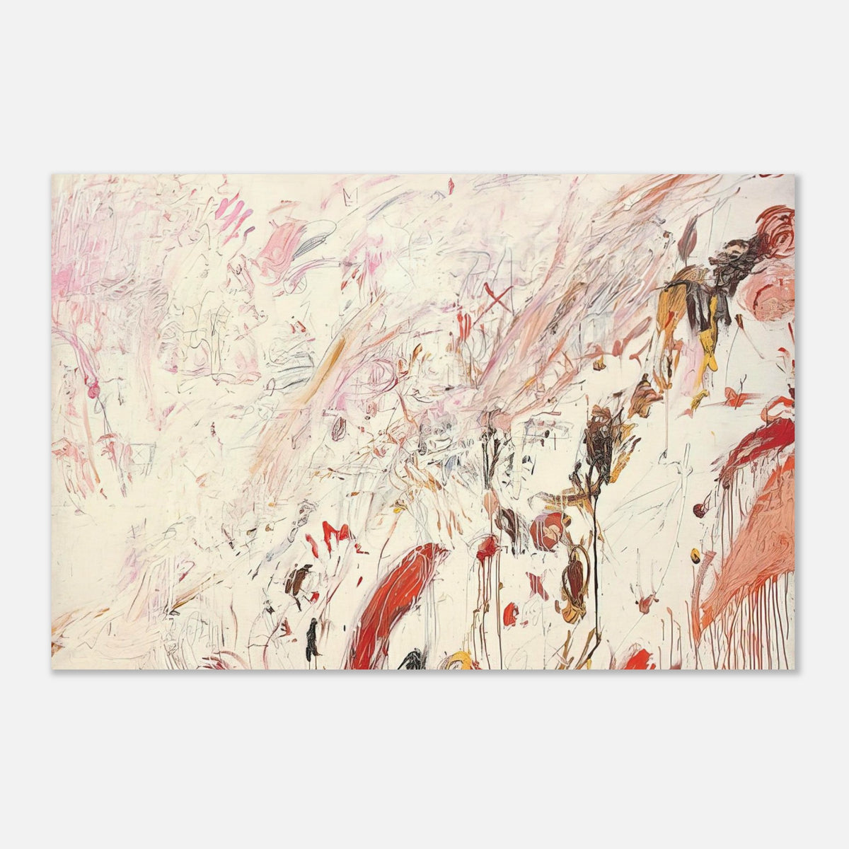 Ferragosto III by Cy Twombly poster: This captivating composition features a pale cream background layered with energetic brushstrokes….