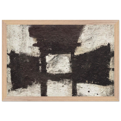 Zyig by Cy Twombly framed art print; featuring bold black and dark brown geometric forms against a textured ivory background; size 30 × 45 cm (12 × 18 in); white frame.