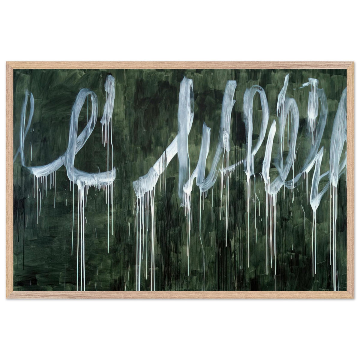 III Notes from Salalah (Note I) by Cy Twombly framed art print; featuring expressive white looping strokes and elongated paint drips against a rich, dark green background; size 28 × 43 cm (11 × 17 in); black frame.