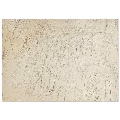 The Geeks by Cy Twombly poster, 60 × 90 cm / 24 × 36 in: This expressive composition features a warm ivory background covered with an intricate network….