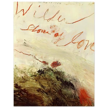 Wilder Shores of Love by Cy Twombly, poster, sweeping red and orange handwritten marks, delicate pencil lines, 40x50 cm (16x20 in)