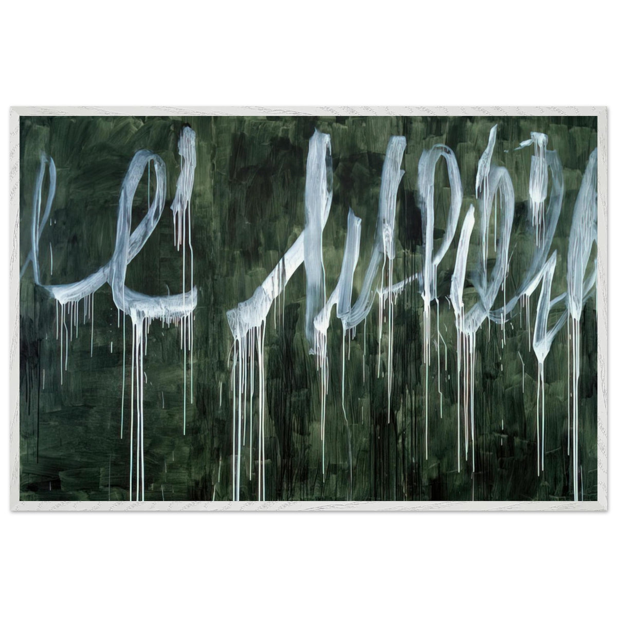III Notes from Salalah (Note I) by Cy Twombly framed art print; featuring expressive white looping strokes and elongated paint drips against a rich, dark green background; size A1 (59.4 × 84.1 cm); wood frame.