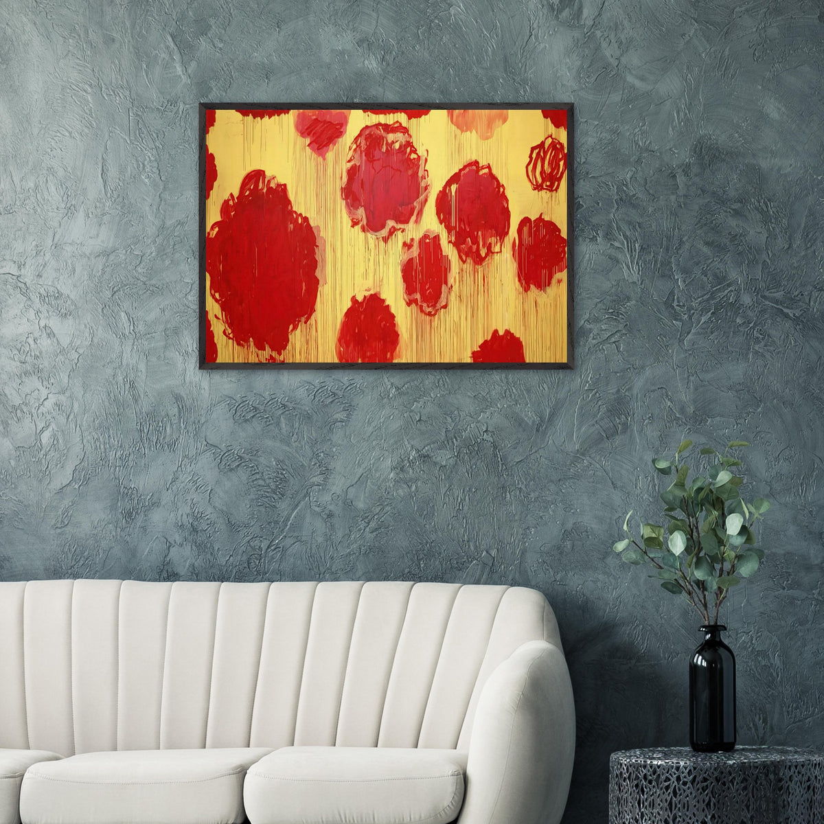Untitled (Peonias Series) by Cy Twombly framed art print; featuring bold crimson-red and scarlet flower forms against a luminous golden-yellow background.