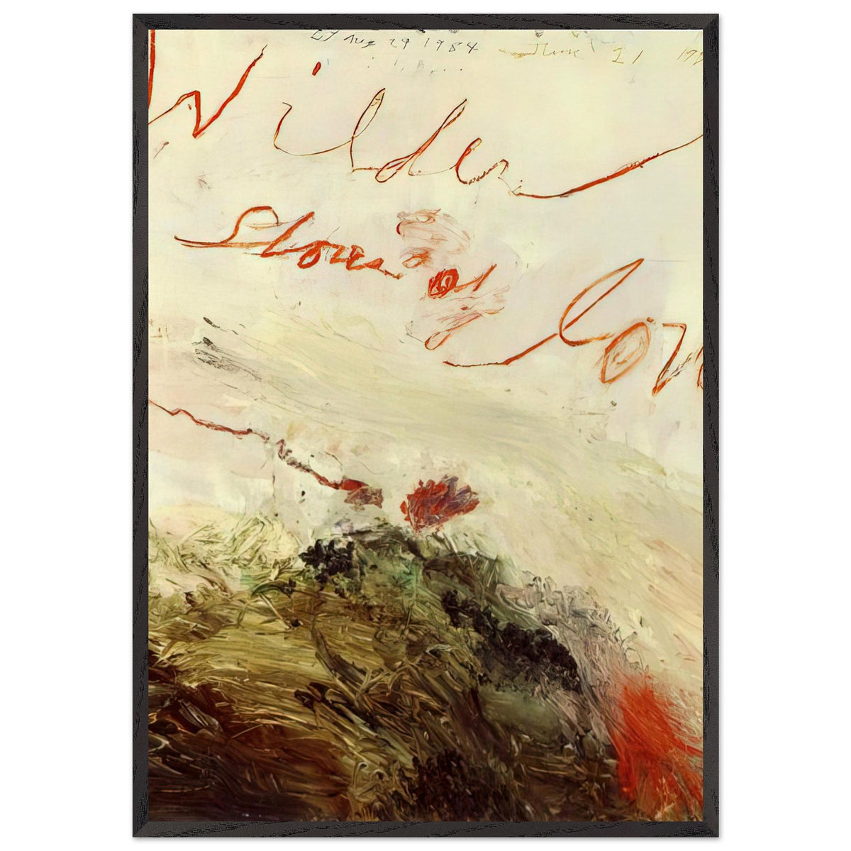 Wilder Shores of Love by Cy Twombly, framed art print, sweeping red and orange handwritten marks, subtle pencil lines, 27x35 cm (11x14 in), white frame
