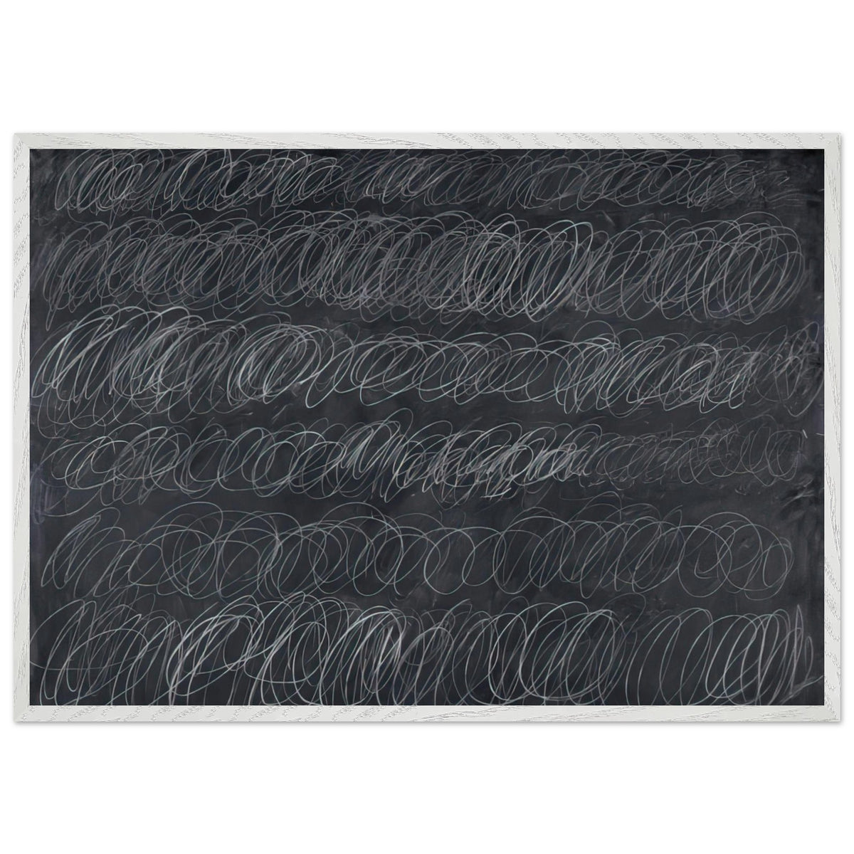 Cold Stream by Cy Twombly framed art print; featuring dense, repeating white and gray scribbled lines arranged in horizontal rows across a deep charcoal-gray; size 70 × 100 cm (28 × 40 in); wood frame.