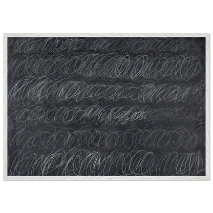 Cold Stream by Cy Twombly framed art print; featuring dense, repeating white and gray scribbled lines arranged in horizontal rows across a deep charcoal-gray; size 70 × 100 cm (28 × 40 in); wood frame.