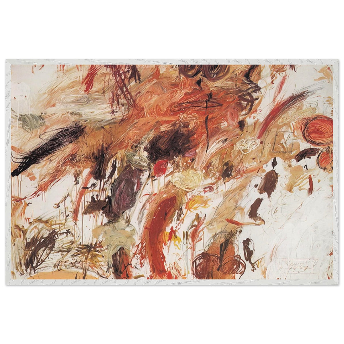 Ferragosto V by Cy Twombly framed art print; featuring energetic brushstrokes, layered pigments, and spontaneous gestures in shades of rust red, burnt orange; size 28 × 43 cm (11 × 17 in); white frame.