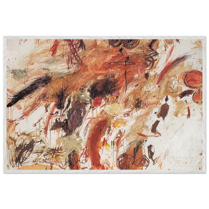 Ferragosto V by Cy Twombly framed art print; featuring energetic brushstrokes, layered pigments, and spontaneous gestures in shades of rust red, burnt orange; size 28 × 43 cm (11 × 17 in); white frame.