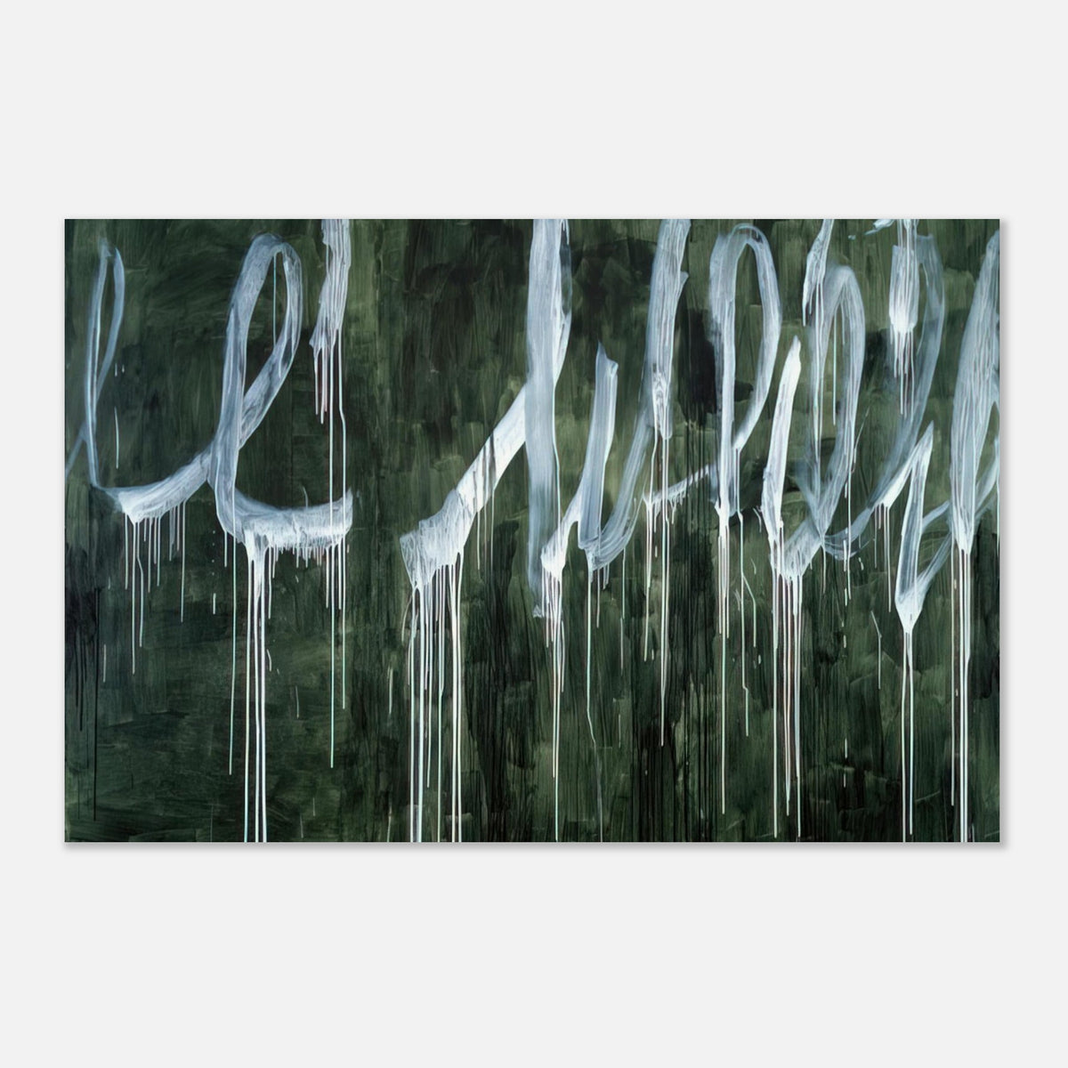 III Notes from Salalah (Note I) by Cy Twombly poster: a deep forest-green background covered with oversized, flowing white loops and sweeping calligraphic….
