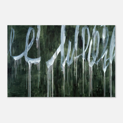 III Notes from Salalah (Note I) by Cy Twombly poster: a deep forest-green background covered with oversized, flowing white loops and sweeping calligraphic….