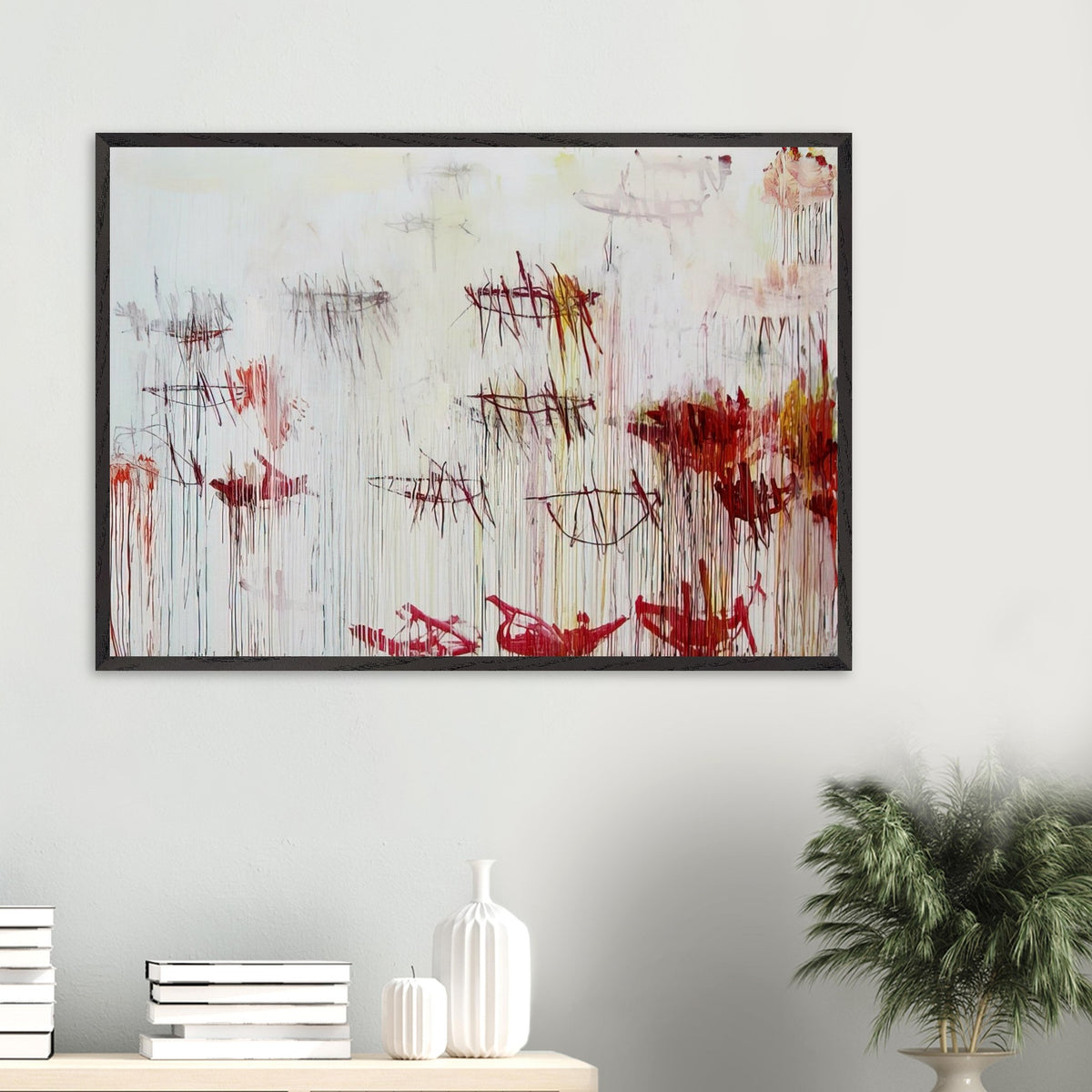 Lepanto, Part IX by Cy Twombly framed art print; featuring a luminous pale blue and ivory background, energetic crimson and burgundy marks, delicate yellow accents.