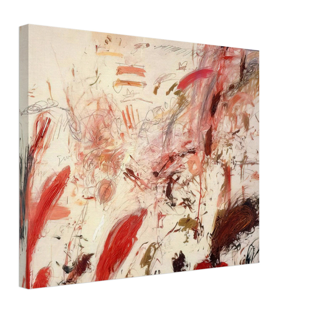 Ferragosto IV by Cy Twombly canvas print, 70 × 100 cm / 28 × 40 in: a pale cream background covered with energetic brushstrokes, spontaneous lines, and layered marks in red….