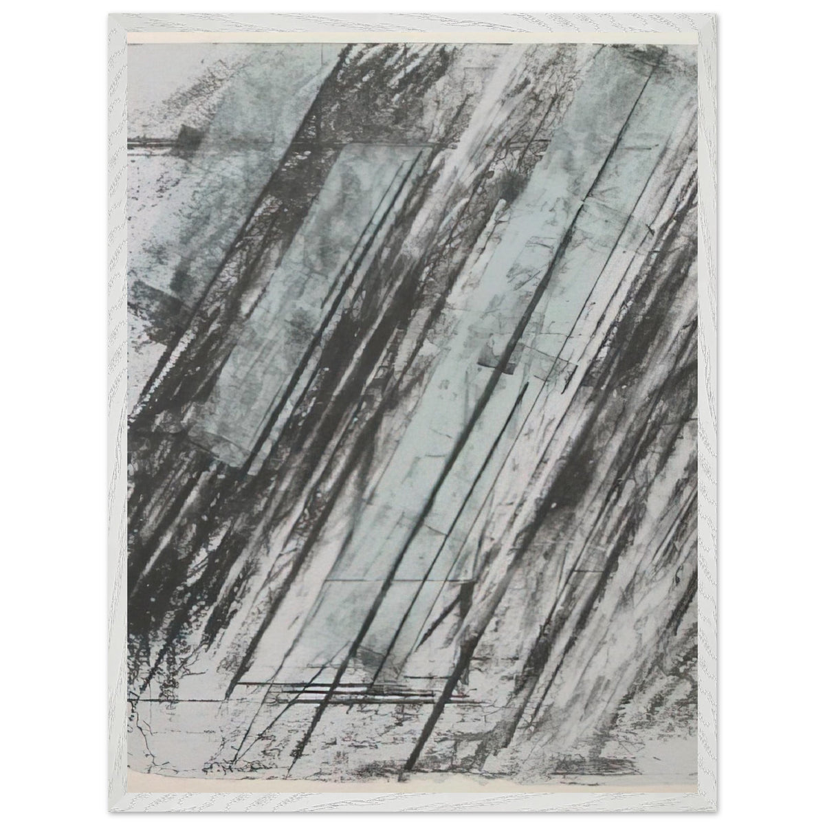 Untitled (Bastian 38) by Cy Twombly, framed art print, powerful diagonal strokes, layered black and gray marks, 50x70 cm (20x28 in), wood frame