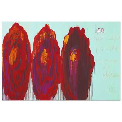 The Rose (IV) by Cy Twombly poster, 30 × 40 cm / 12 × 16 in: This expressive composition features three large, rose-inspired forms painted in vibrant shades….